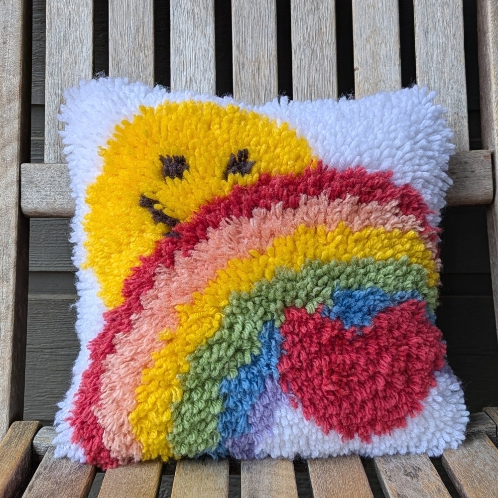 Handmade Latchhook Colorful Rainbow and Sun Smiley Face Pillow Denim Backing